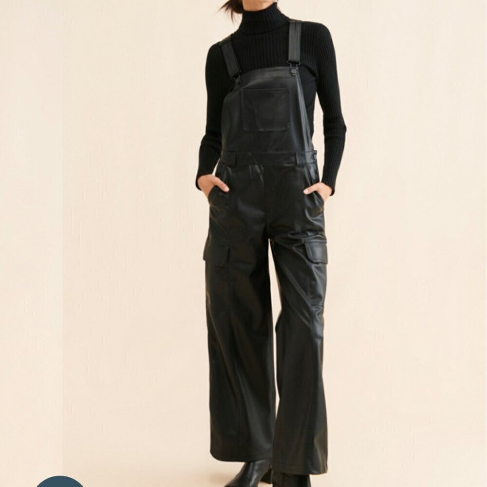 NWT Hudson Jeans Black Vegan Leather Utility Wide Leg Overall, Size XS